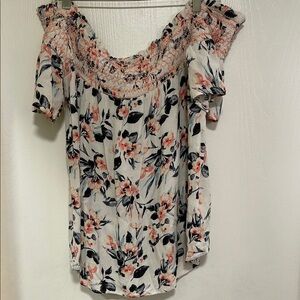 Maurices White and Cream Flutter Sleeve Blouse with Smocked Ruffles